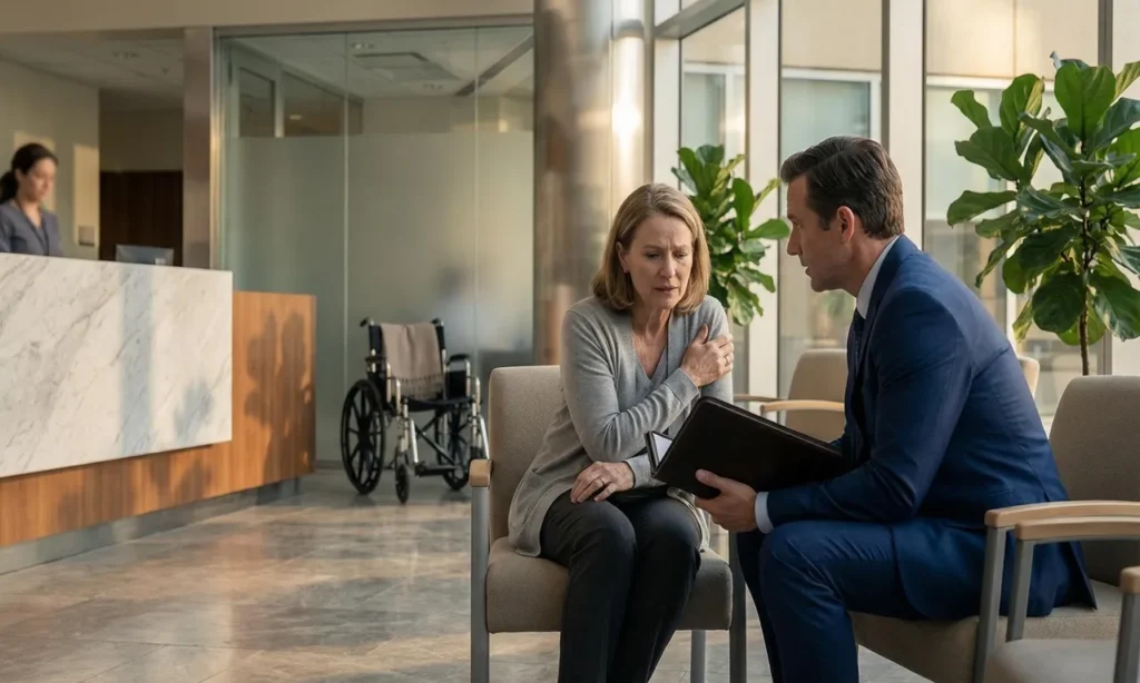 Attorney for medical negligence surgery reviewing medical records with an injured patient seeking compensation after surgical malpractice.