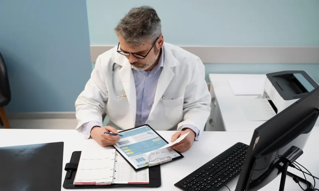 Surgery malpractice lawyer Florida consulting with an injured patient about a surgical negligence claim in a modern law office.